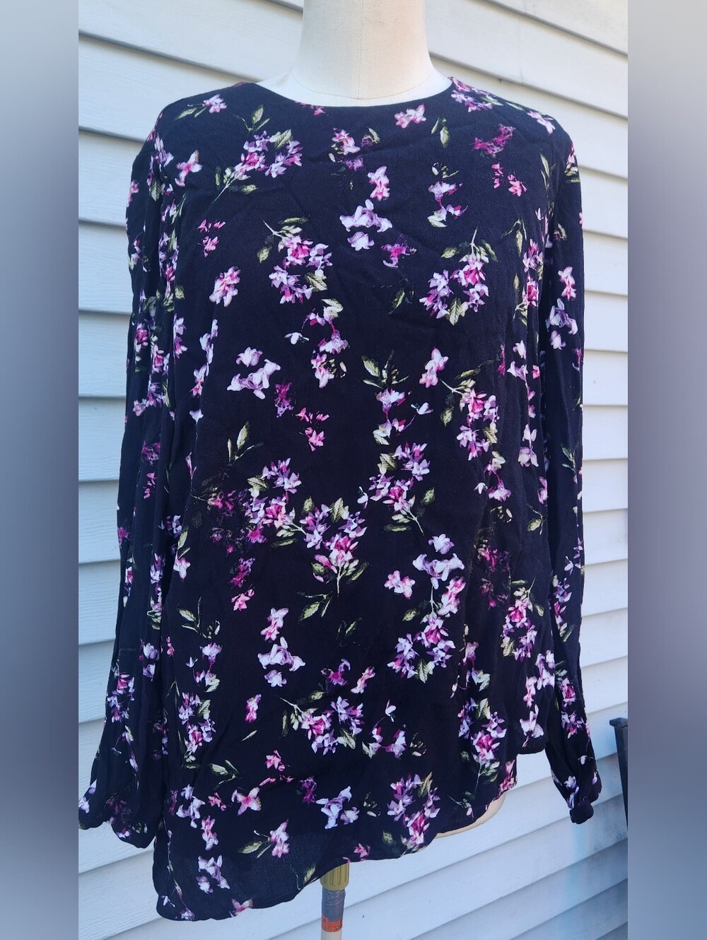 J. Jill Women Black Floral Asymmetrical Crepe L/S Tunic Blouse Size M